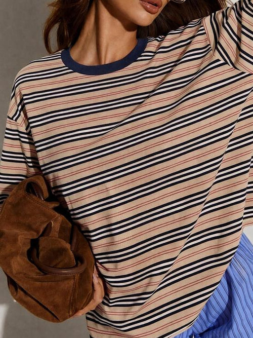 Oversized Striped Long Sleeve Tee – Khaki
