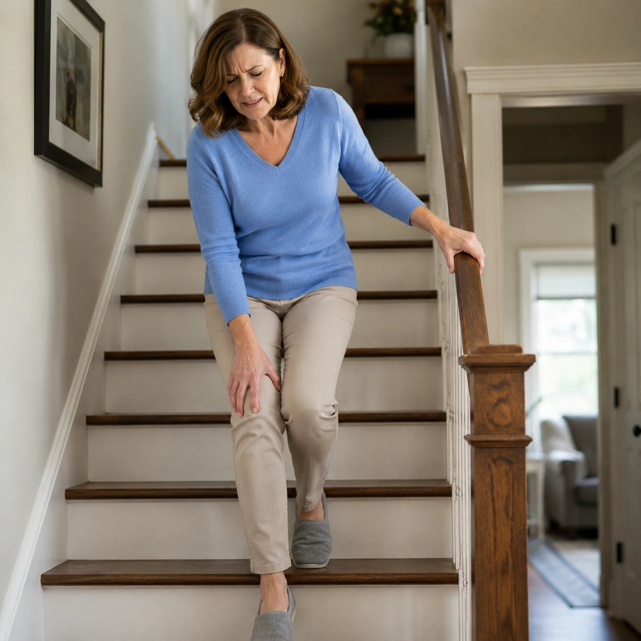 Woman holding the stair rail with a sore knee