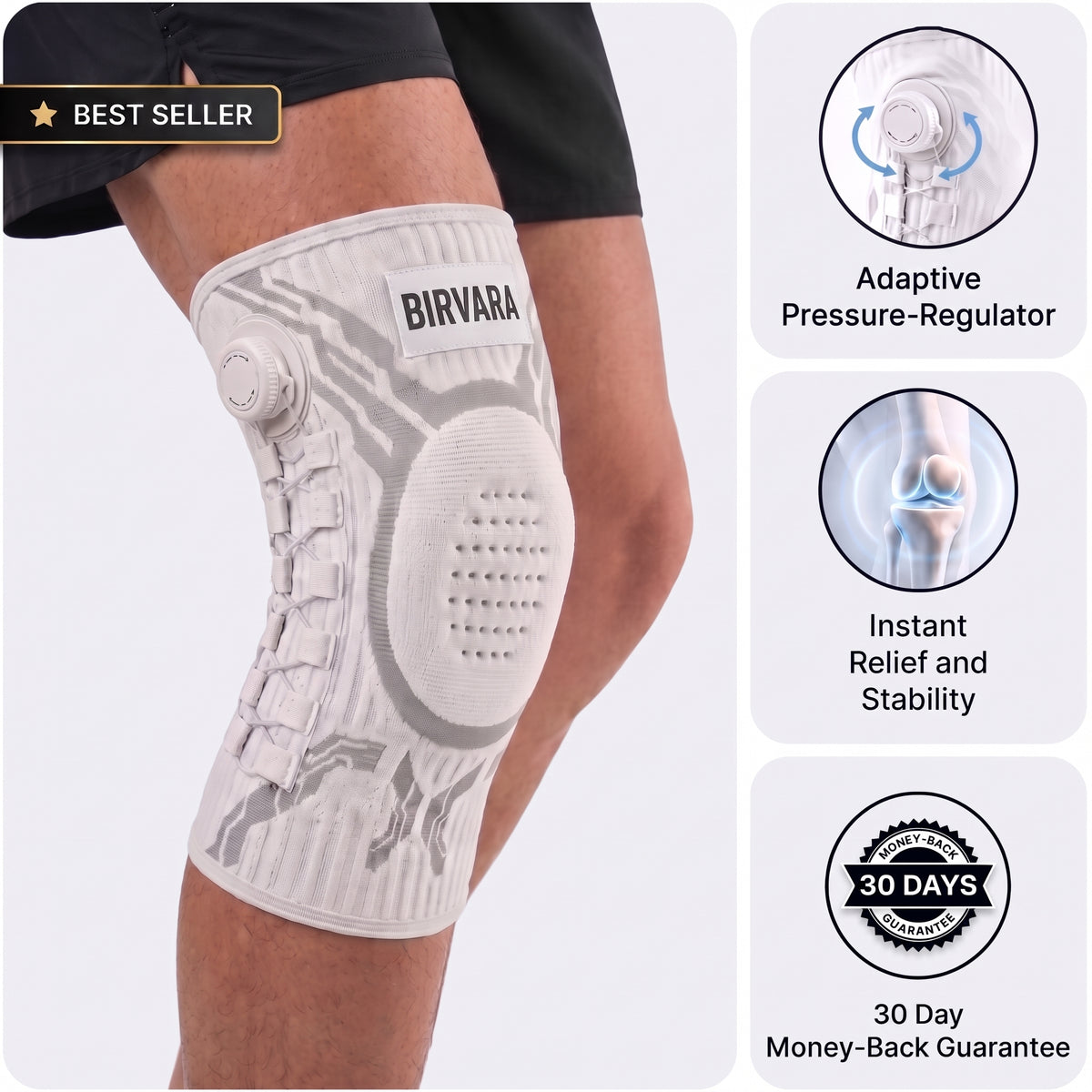 Birvara Dial Knee Sleeve in white with adjustable dial, patella gel ring and 30-day guarantee