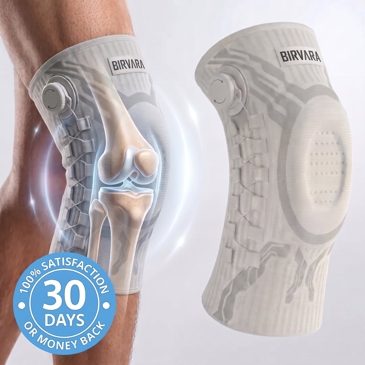 Knee sleeve support around the joint with 30-day money-back guarantee