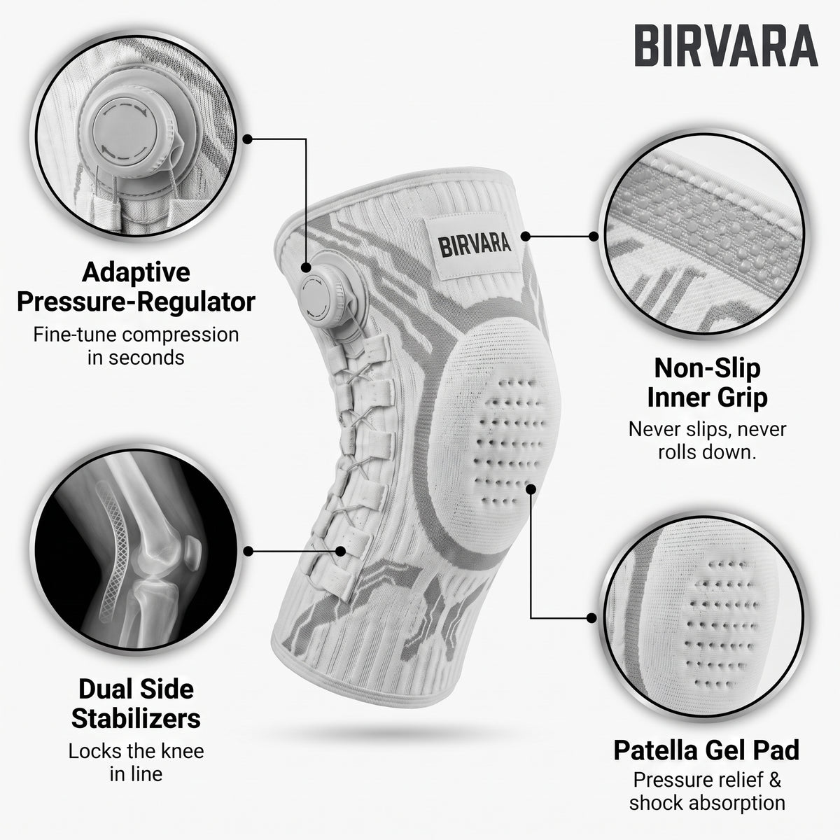 Features: adaptive dial, non-slip inner grip, dual side stabilizers, patella gel pad