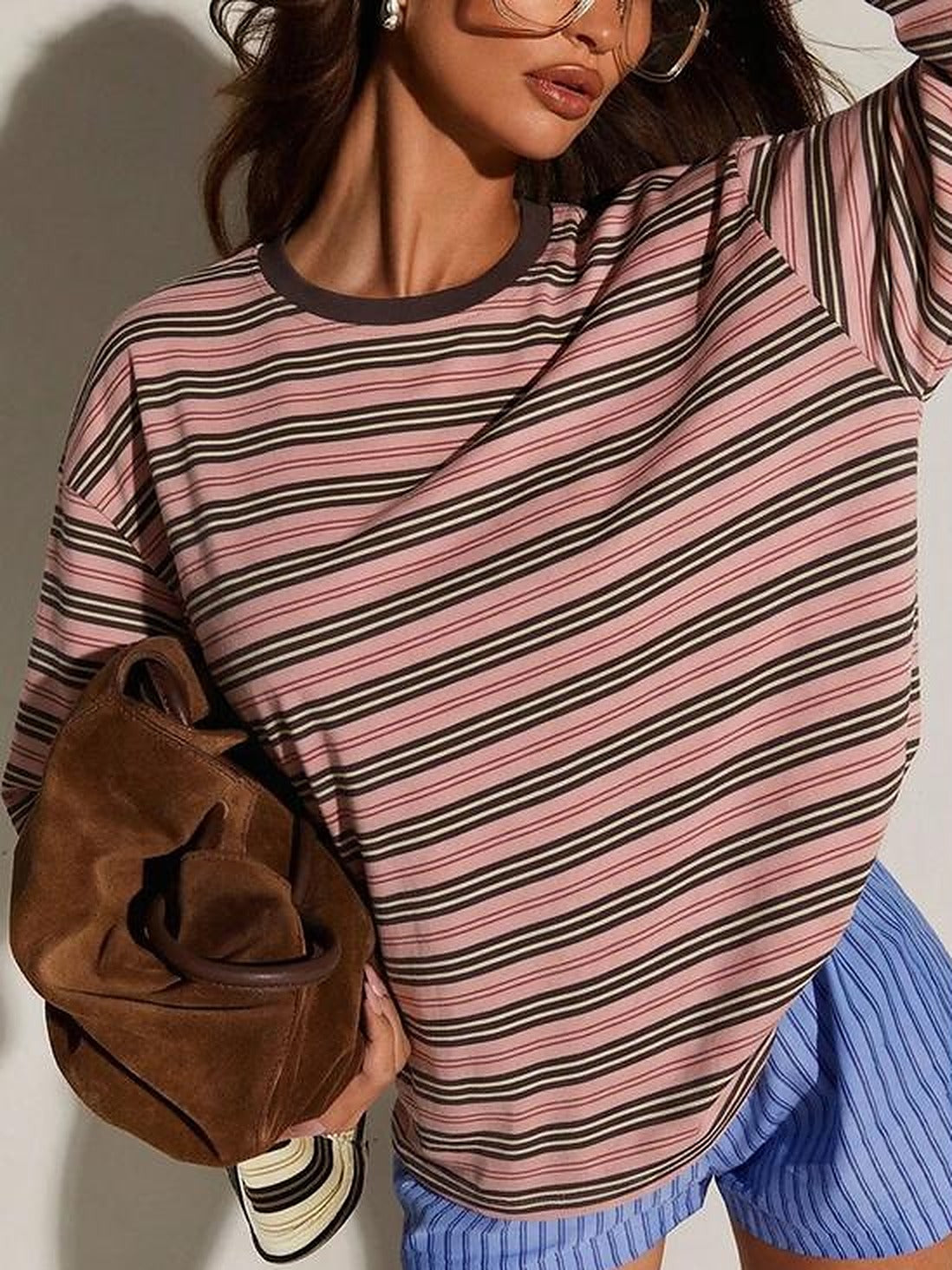 Oversized Striped Long Sleeve Tee – Baby Pink