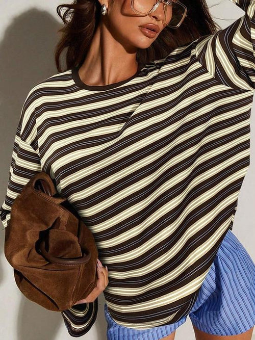 Oversized Striped Long Sleeve Tee – Coffee Brown