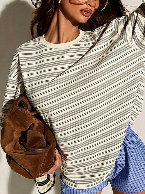 Oversized Striped Long Sleeve Tee – Cream