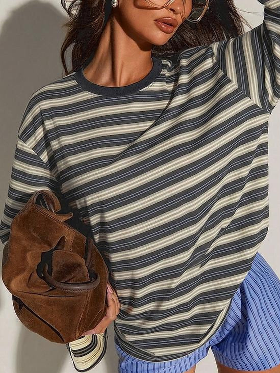 Oversized Striped Long Sleeve Tee – Gray