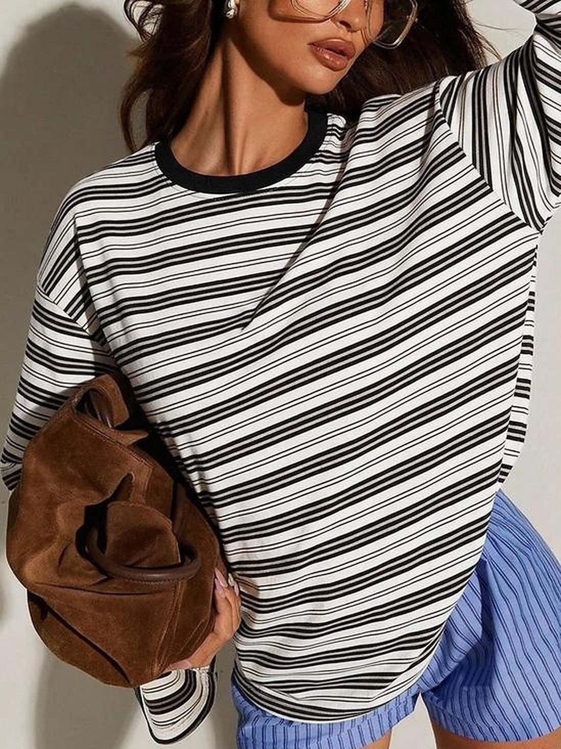 Oversized Striped Long Sleeve Tee – White